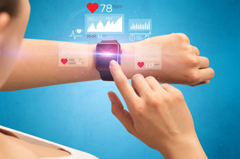 Female hand with smartwatch and health application icons nearby.-1